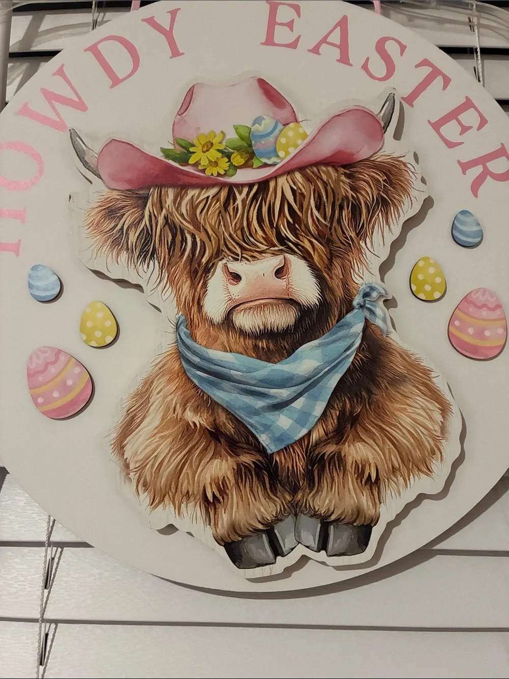 Hobby Lobby Pastel Pink & Blue 'Howdy Easter' Cow Wall Sign